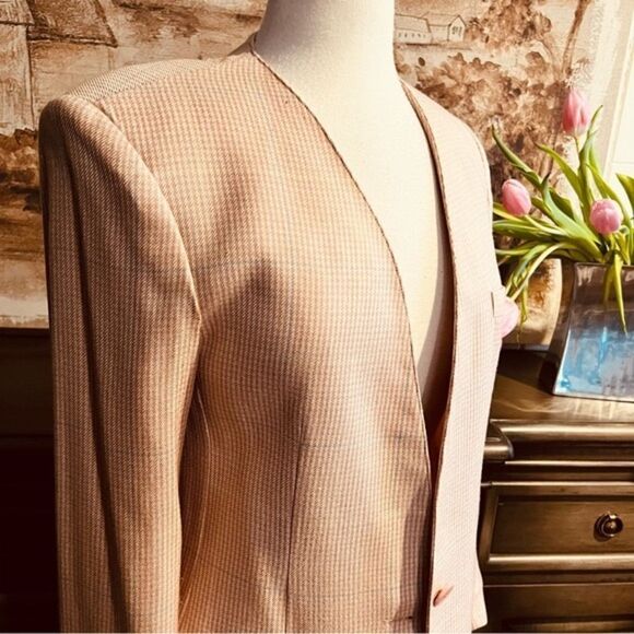 Vintage Oversized Collarless Blazer Pink and White Herringbone  1980’s size 8 - Picture 3 of 6